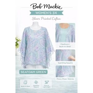 Bob Mackie Womens 3X Sheer Printed Caftan Seafoam Green Sequin Shell Top A233344